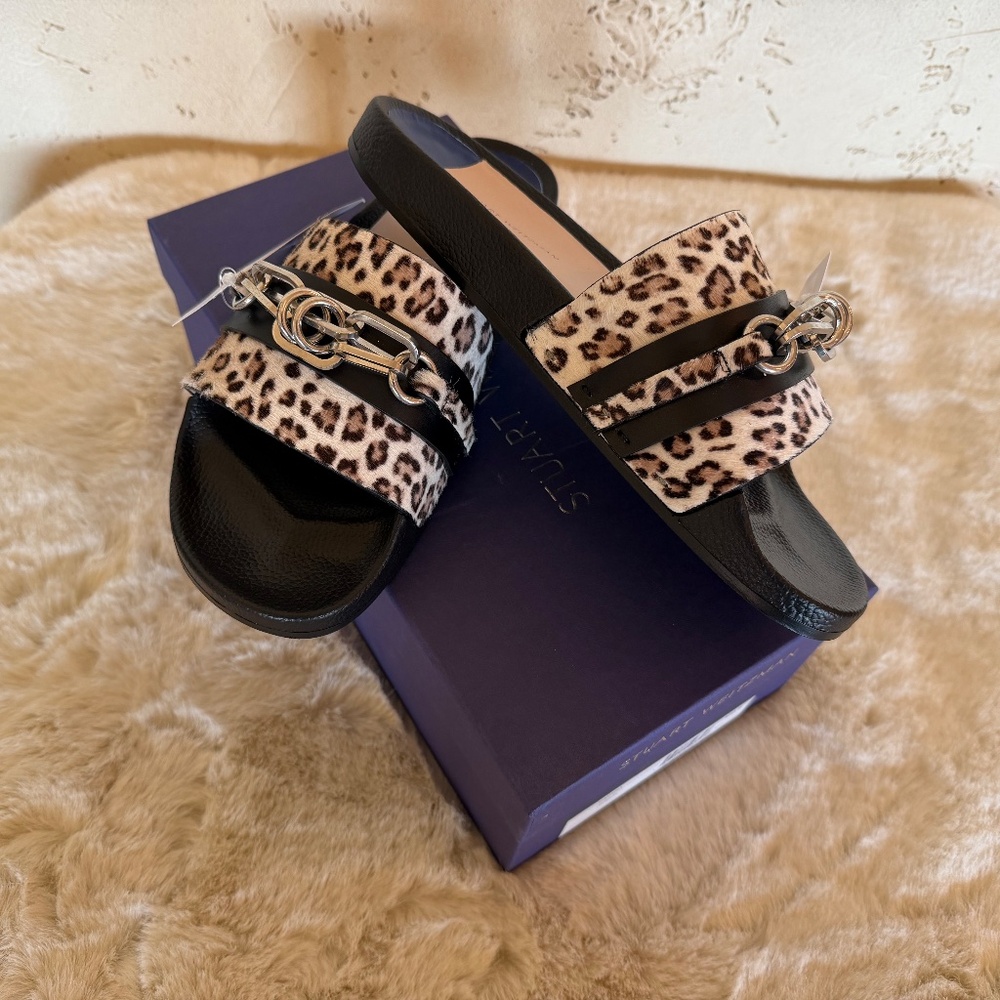 NWT Stuart Weitzman Cadena Spotted Leopard Leather & Calf Hair Slides 9.5 NIB - Picture 2 of 10
